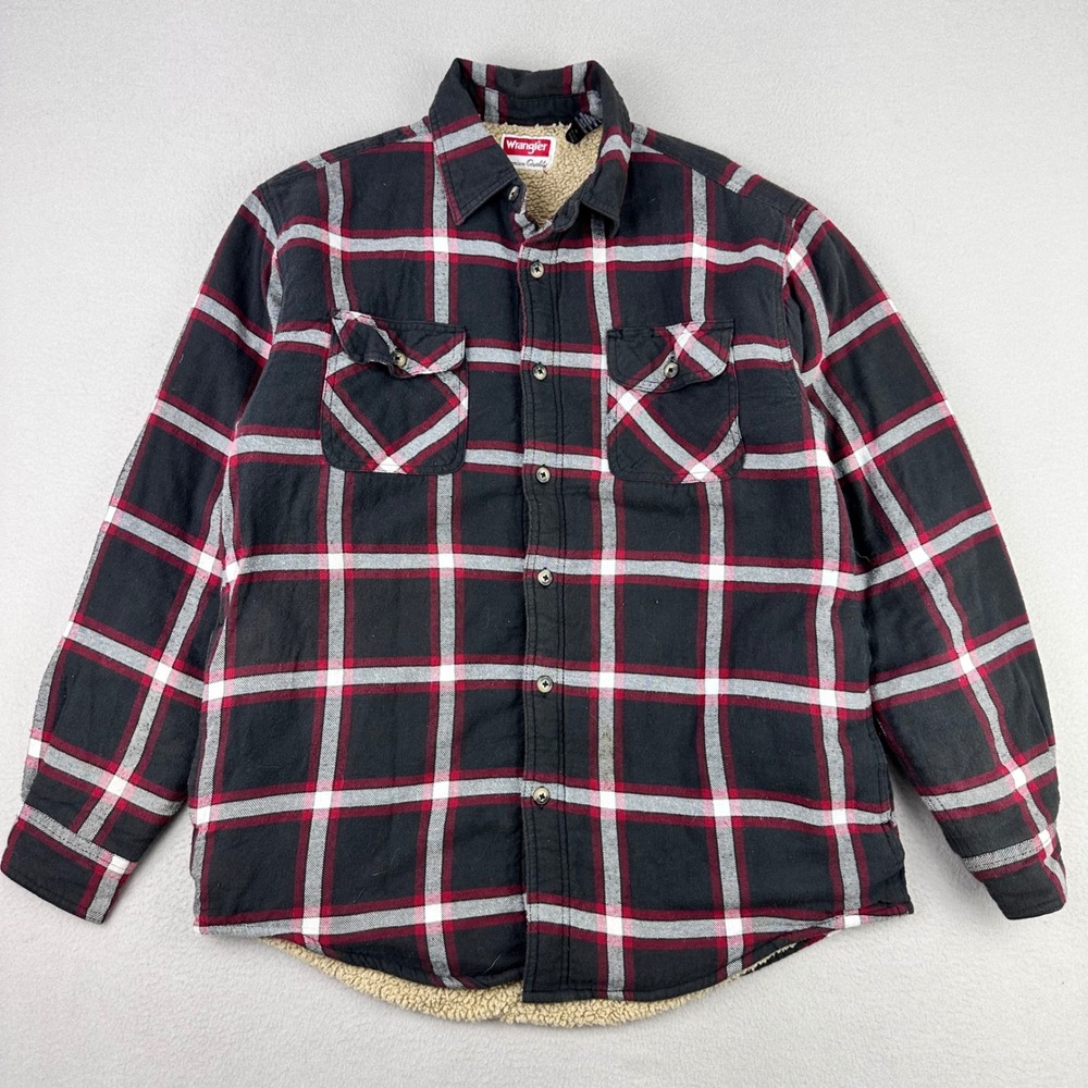 Wrangler Flannel Shirt Jacket Mens Medium Black Plaid Sherpa Fleece Lined Work